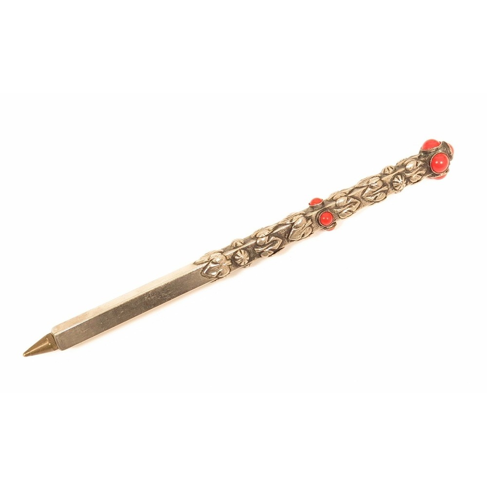 Beautiful Vintage Floral Leaf Glass Coral Jeweled‎ Silver Plated Ornate Pen